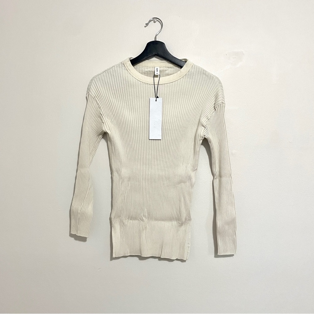 KOTN Ribbed Relaxed Fit Long Sleeve Crewneck Jersey Knit Tunic Top (Natural, XS)